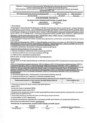 Заключение эксперта по результатам специальной оценки условий труда 2022 г.